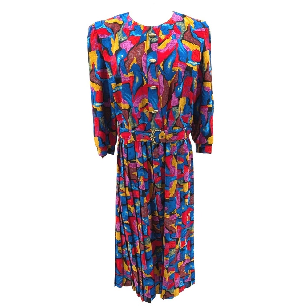 Vintage 80s Abstract Print Dress Size 10 Belted Pleated Breli USA Maximalist